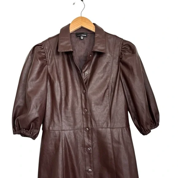 Lucy Paris Faux Leather Short Sleeve Snap Button Front Dress Sz Small Brown - Picture 3 of 7